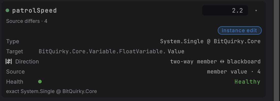patrolSpeed opened while the follower is paused: Current still 2.2, the note Source differs · 4, and Source reading member value · 4