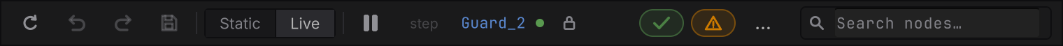 The Live toolbar at a 760 pixel window: Reload, Undo, Redo, Save, Static and Live, pause, step, Guard_2 with a green attachment pip, the graph lock, a green check chip and an amber warning chip with no words, the overflow button, and Search nodes