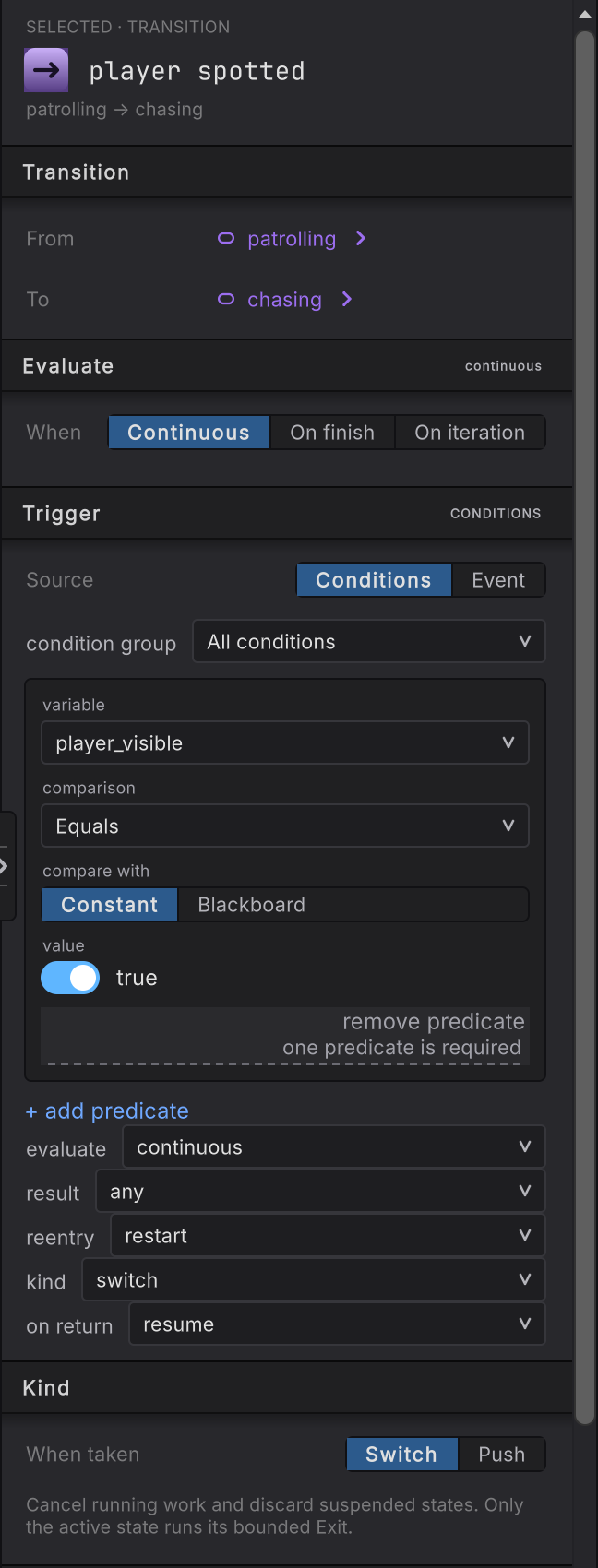 The Evaluate, Trigger, and Kind cards on a continuous transition