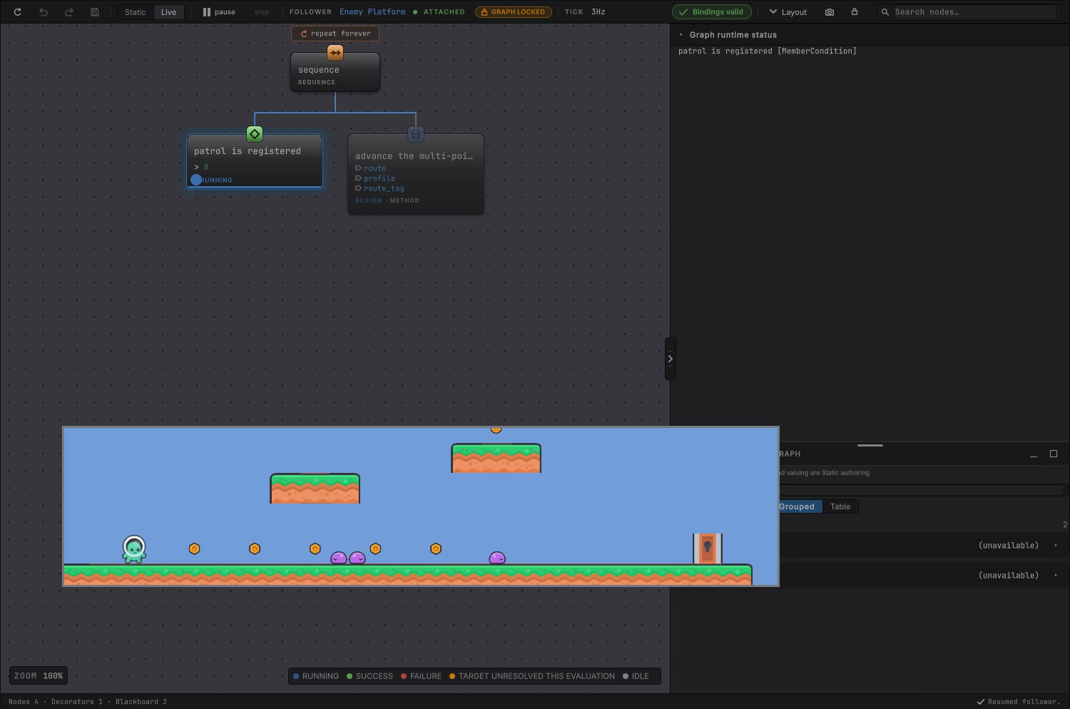Paused on one follower while the scene keeps playing. Each step grants exactly one evaluation.