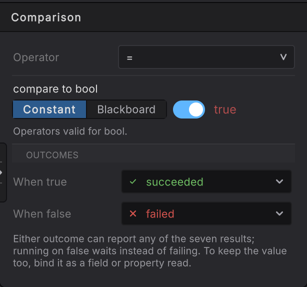 The Comparison card of the member condition, with an operator row, a Boolean constant, and the When true and When false outcome rows.