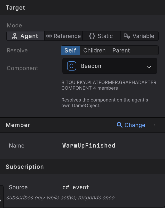 The event condition right rail showing Target with Mode Agent, Resolve Self and Component Beacon, a Member card naming WarmUpFinished, and a Subscription card with Source set to c sharp event and the note that it subscribes only while active and responds once.