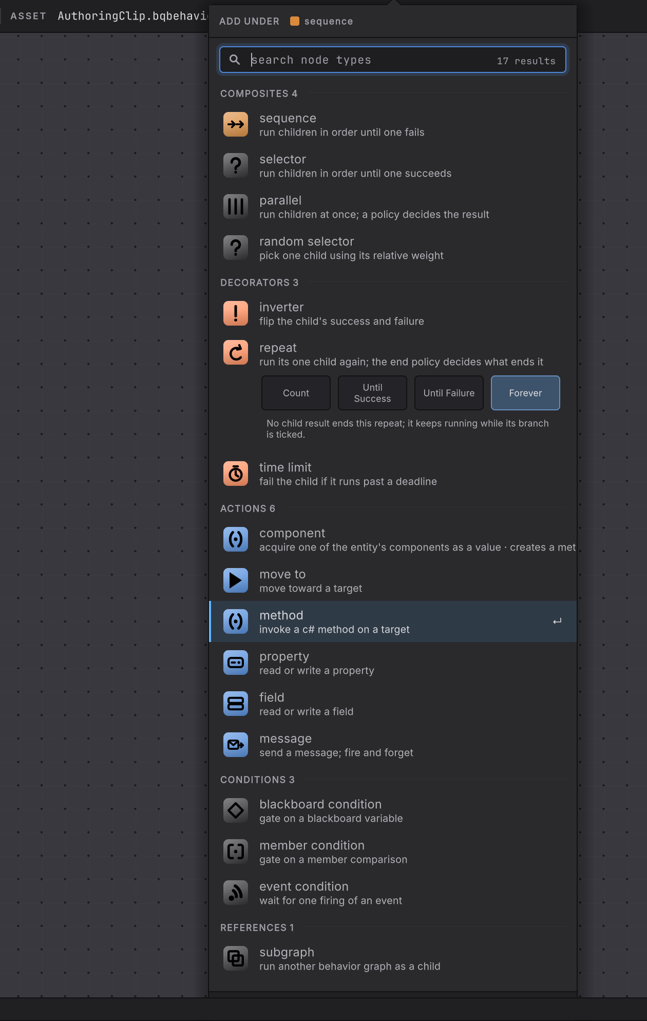 The insertion picker open with the heading ADD UNDER sequence, a search field, and the grouped node rows with COMPOSITES above ACTIONS above CONDITIONS, each row carrying a one line description.