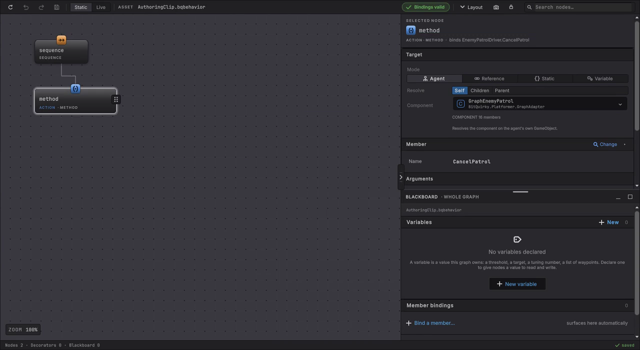 Building a graph from empty in the Behavior Tree Editor. A Sequence root, a Method node under it, then the member picker binding CancelPatrol on the enemy's own patrol component.