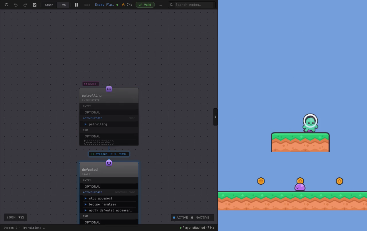 The enemy state machine running Live while the game plays. The player lands on the patrolling enemy from above and the machine switches to defeated.